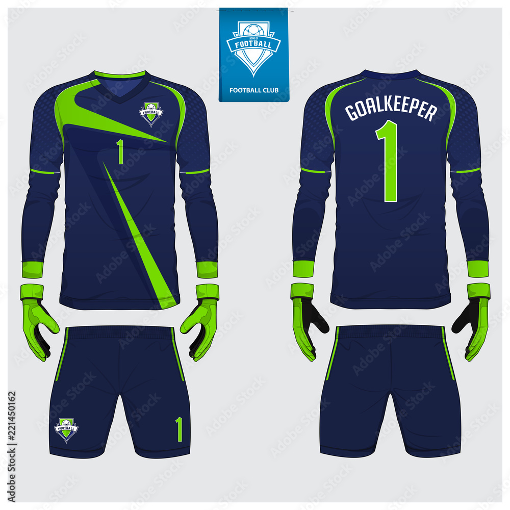 Naklejka premium Goalkeeper jersey or soccer kit, long sleeve jersey, goalkeeper glove template design. Sport t-shirt mock up. Front and back view football uniform. Flat football logo label. Vector Illustration.