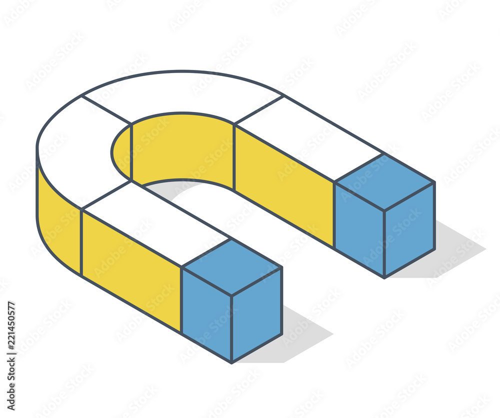 Outlined magnet symbol, isometric perspective. Pure shadowed shape in gray, red colors. Isolated on white background, drop shadow. Low poly vector Outlined magnet symbol, isometric perspective. Pure shadowed shape in gray, red colors. Isolated on white background, drop shadow. Low poly vector