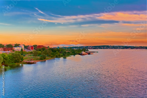 The confluence of the Kostroma and Volga rivers in the city of Kostroma, Russia.