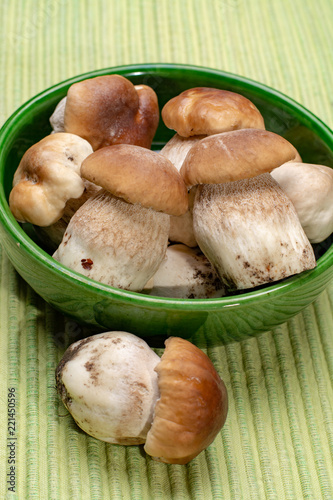 Fresh raw whole white boletus tasty edible mushrooms close up