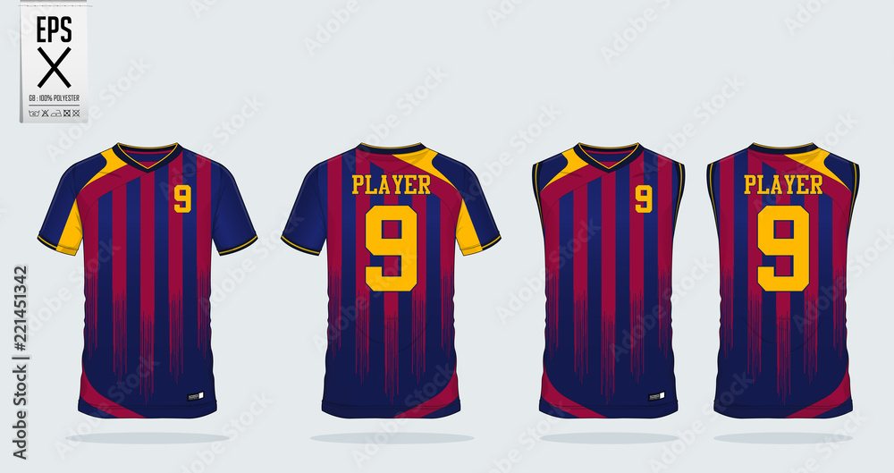 Naklejka premium Blue and red T-shirt sport design template for soccer jersey, football kit and tank top for basketball jersey. Sport uniform in front and back view. Sport shirt mock up for sport club. Vector.