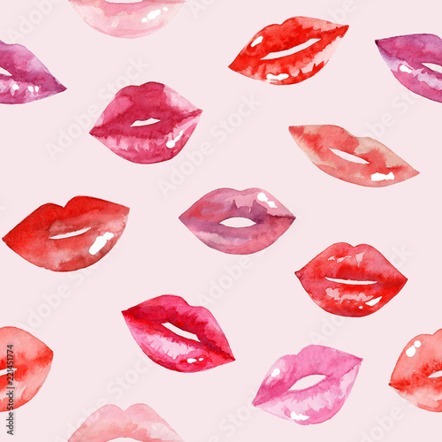Women s lips pattern. Hand drawn watercolor lips isolated on white background.  Fashion and beauty illustration. Sexy kiss. Design for beauty salon  make-up studio  makeup artist  meeting website. 