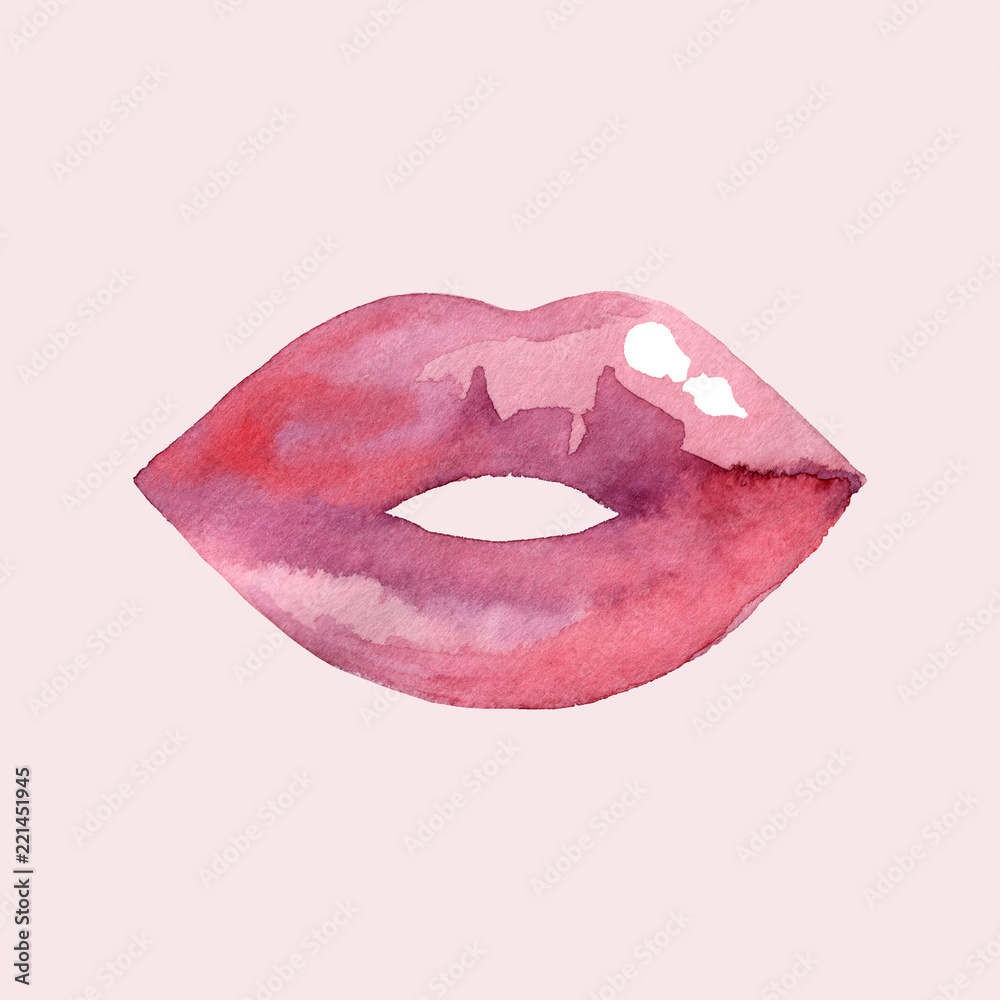 Fototapeta Women's lips. Hand drawn watercolor lips isolated on white background. Fashion and beauty illustration. Sexy kiss. Design for beauty salon, make-up studio, makeup artist, meeting website.