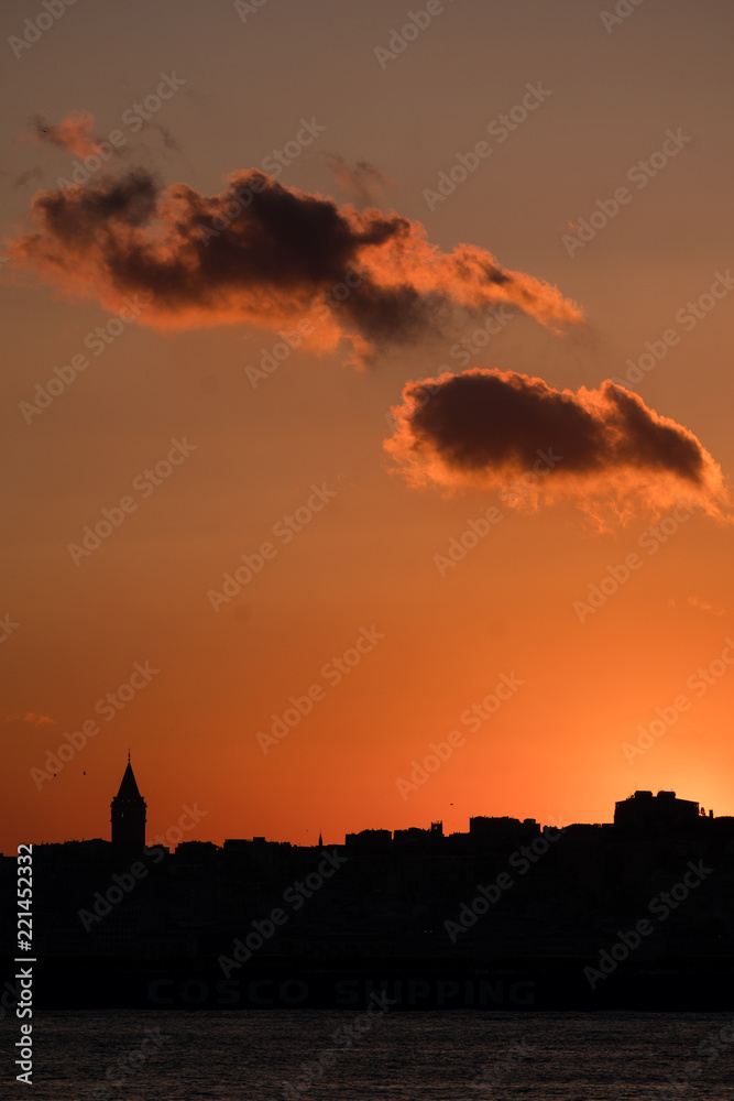 Panaromic View of Istanbul city and steamboats. Sunset in Galata Tower. Panaromic View of Istanbul city and steamboats. Sunset in Galata Tower.