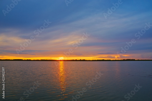 Lake at sunset in summer.