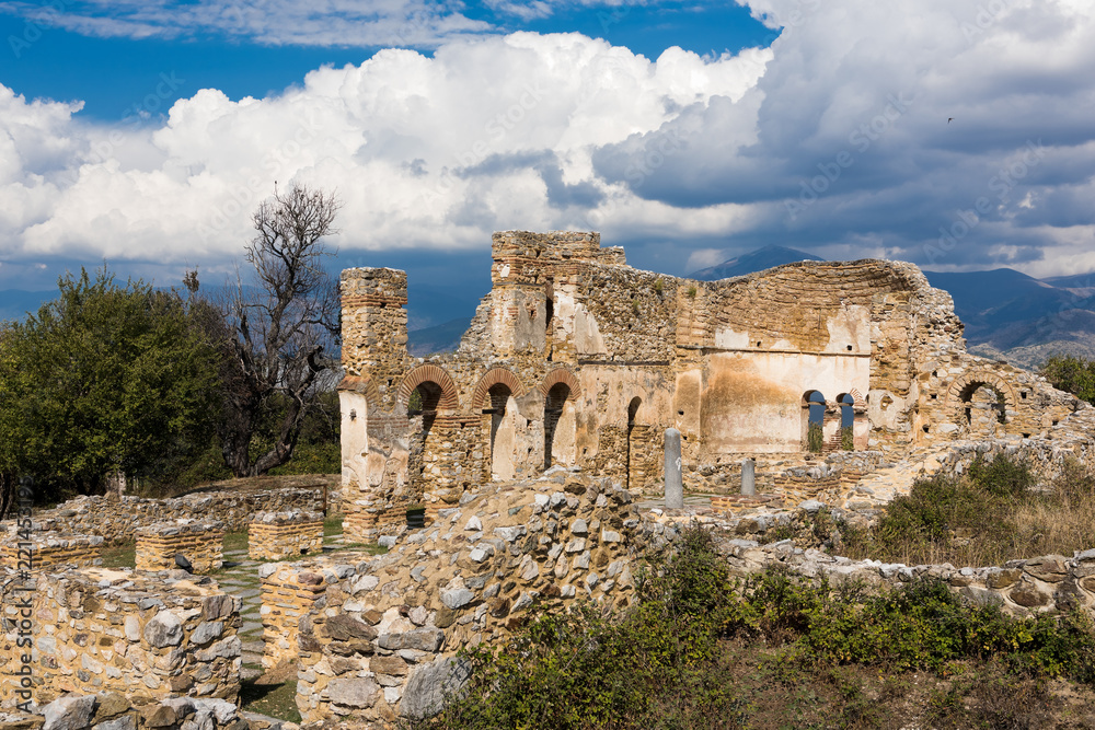 Ruins of the Basilica of Agios (Saint) Achillios at the Small Prespa Lake in northern Greece