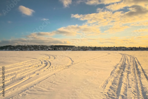 View of the frozen Volga river in winter in Kostroma, Russia.