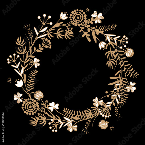 Gold autumn floral wreath on black background. Raster illustration