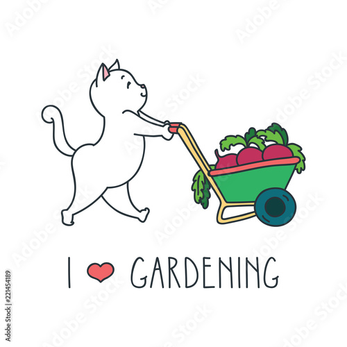 I love gardening. Funny cat gardener with watering can. Doodle vector illustration isolated on white background. 8 EPS