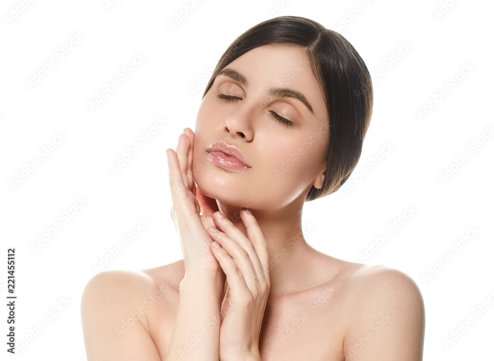 Beautiful natural skin makeup helathy skin care face brunette woman Beautiful natural skin makeup helathy skin care face brunette woman