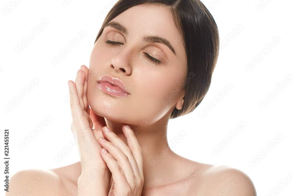 Beautiful natural skin makeup helathy skin care face brunette woman Beautiful natural skin makeup helathy skin care face brunette woman