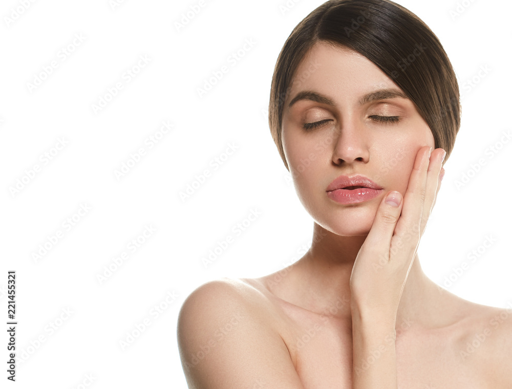 Beautiful natural skin makeup helathy skin care face brunette woman Beautiful natural skin makeup helathy skin care face brunette woman
