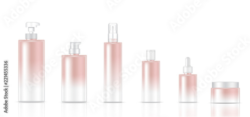 Mock up Realistic Rose Gold Color Cosmetic Soap, Shampoo, Cream, Oil Dropper and Spray Bottles Set for Skincare Product on White Background Illustration