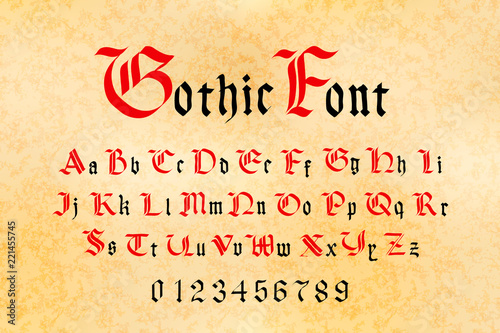 Red and black gothic font, set of medieval letters and numbers on old paper