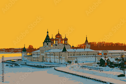 Ipatievsky Monastery in winter at sunset. Kostroma, Russia.
