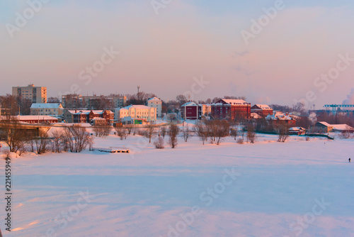 View of the left bank of the Kostroma river in winter. Kostroma, Russia.