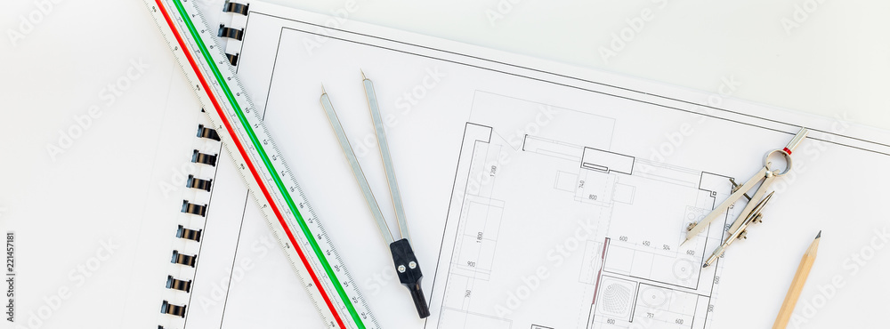 Interior designer table workplace with house plan Interior designer table workplace with house plan
