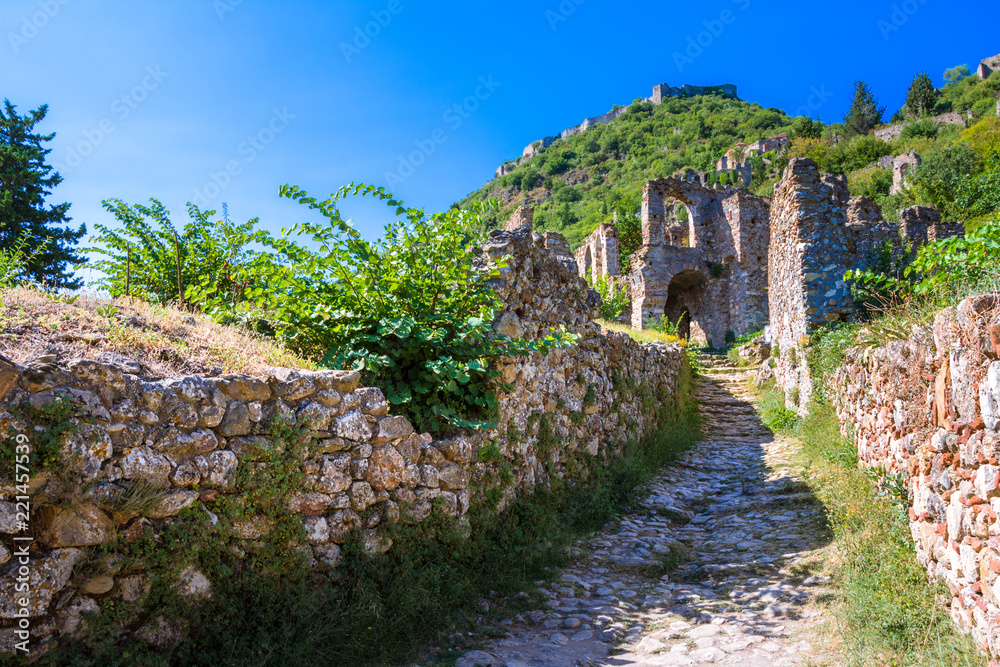 Ruins and churches of the medieval Byzantine ghost town-castle of Mystras, Peloponnese, Greece Ruins and churches of the medieval Byzantine ghost town-castle of Mystras, Peloponnese, Greece