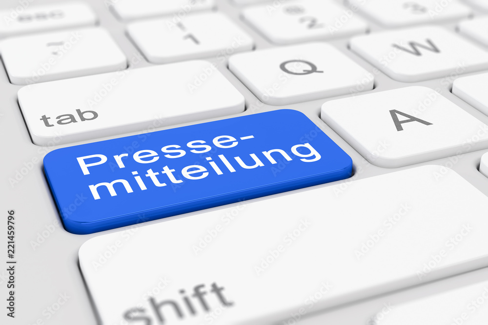 Computer-Tastatur mit einer blauen Taste und der Aufschrift Pressemitteilung Computer-Tastatur mit einer blauen Taste und der Aufschrift Pressemitteilung