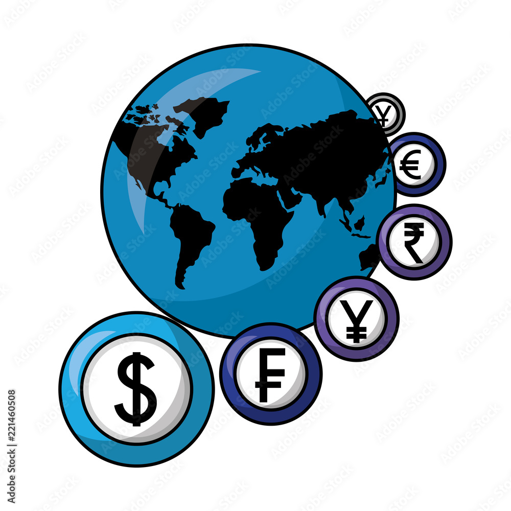 world with coins currency around business world with coins currency around business