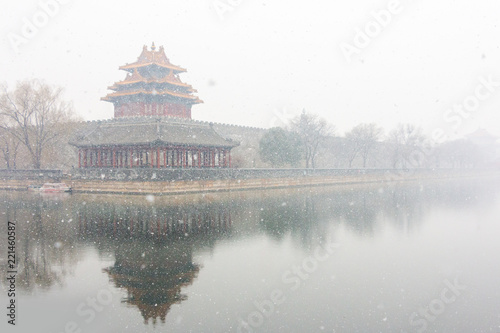 Corner tower of the Forbidden City in winter season.
