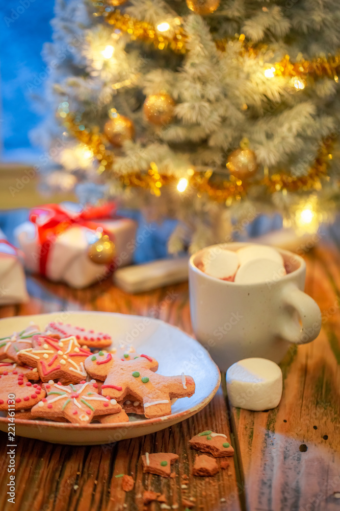 Christmas tree and gifts with lights and frozen window Christmas tree and gifts with lights and frozen window