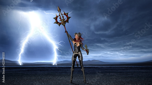 Ancient warrior queen, female fantasy fighter in battle armor holding medieval spear and sword, 3D rendering