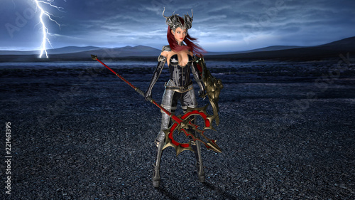 Ancient warrior queen, female fantasy fighter in battle armor with medieval spear and shield, 3D rendering