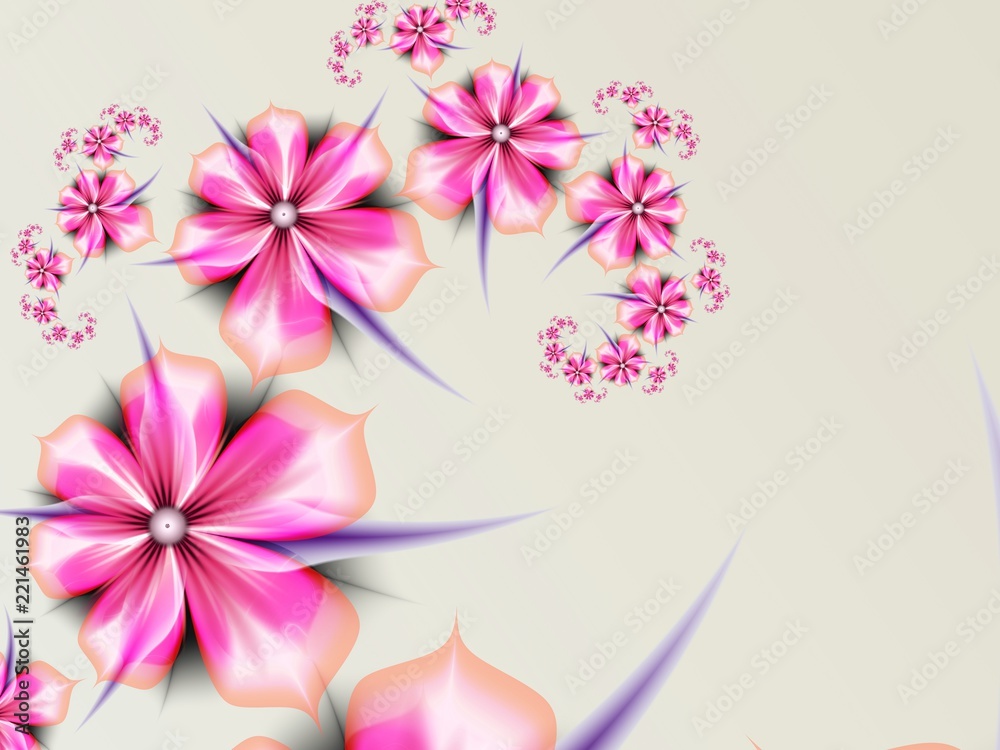 Fantasy fractal image with pink flowers. Template with place for inserting your text...Fractal art as background.