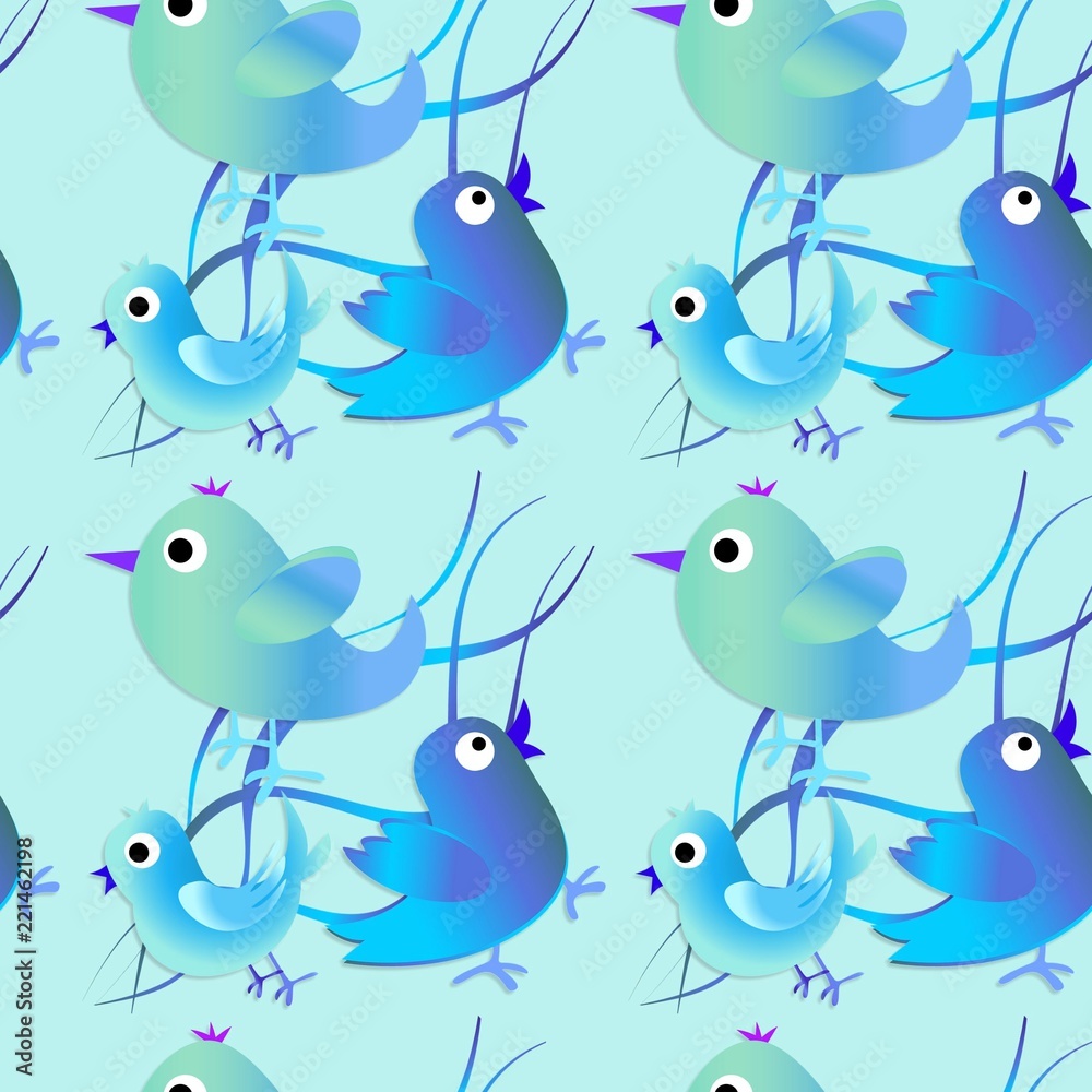 Happy seamless pattern with colored birds. Childish illustration in cartoon style. Blue background.Happy Easter...