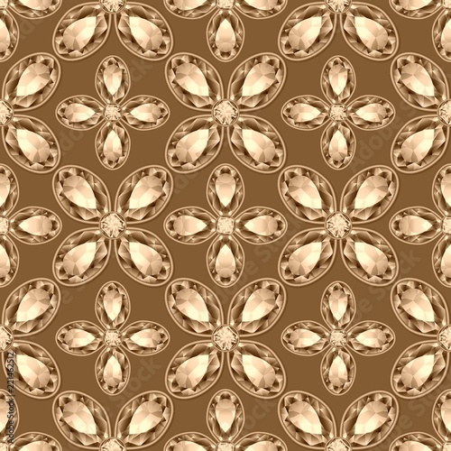Beautiful design with jewelry on brown background.Seamless pattern with floral design. Regular brown texture with glass flowers.