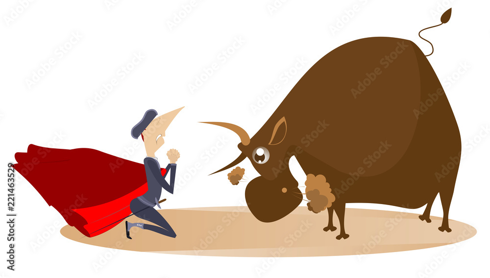 Cartoon bullfighter and angry bull illustration. Cartoon bullfighter ...