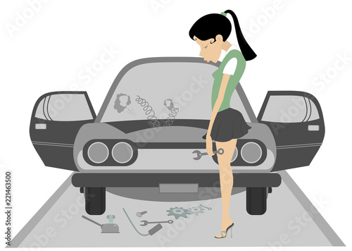 Sad young woman and broken car illustration. Upset woman with head down and wrench in the hand stands near a broken the car isolated illustration

