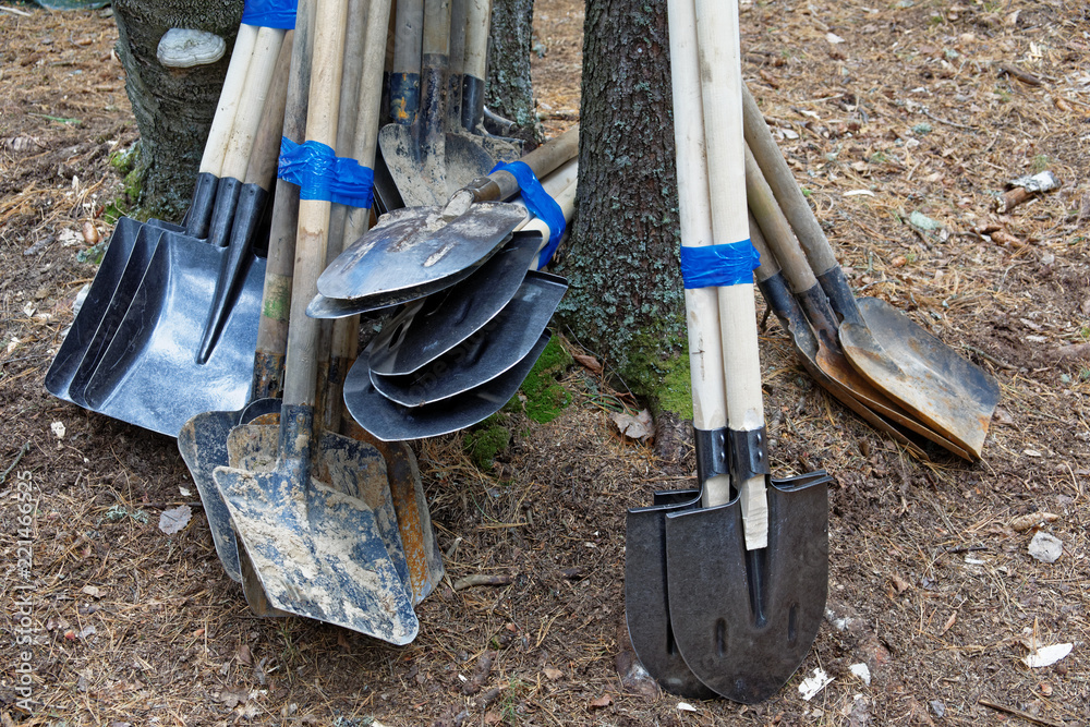 Various shovels linked together prepared to transport