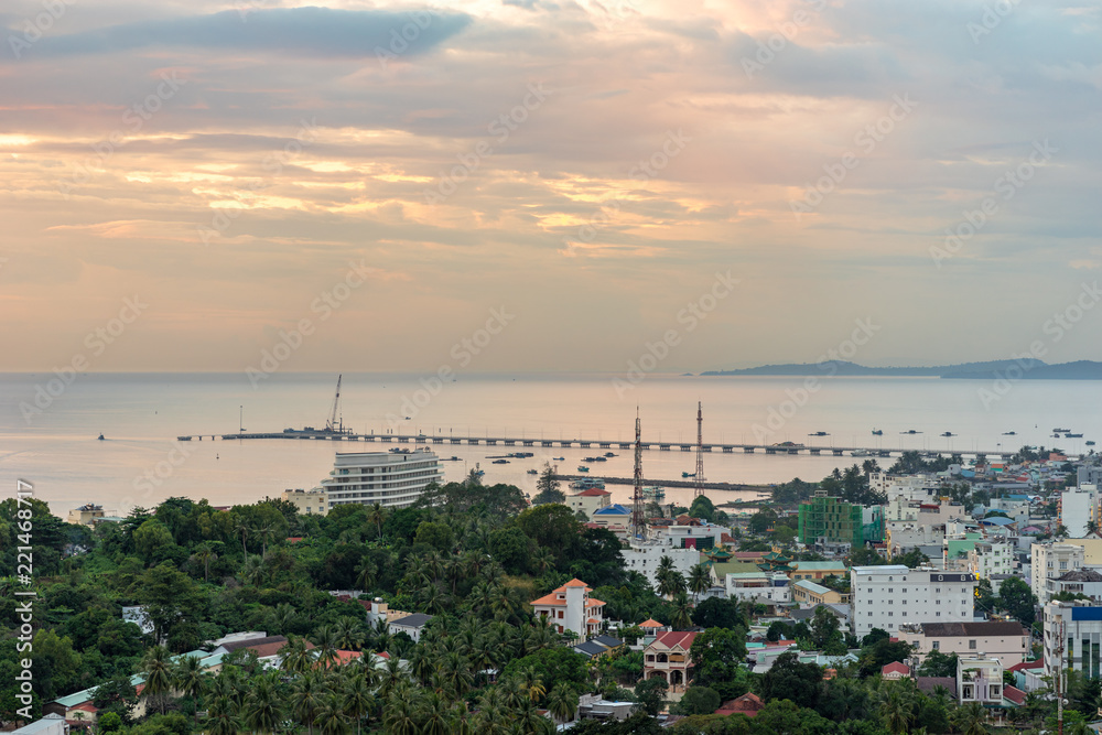 View from the high on Duong Dong town and coastline on Phu Quoc Island in South Vietnam at sunset