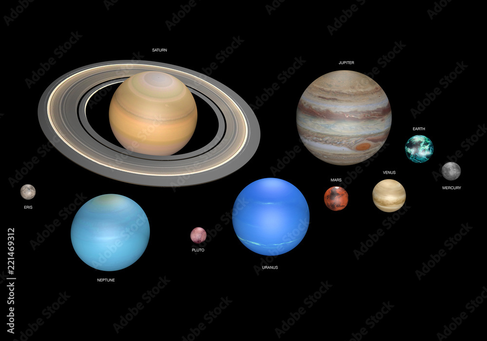 Pianeti del sistema solare con confronto delle loro dimensioni, 3D  rendering Stock Illustration | Adobe Stock