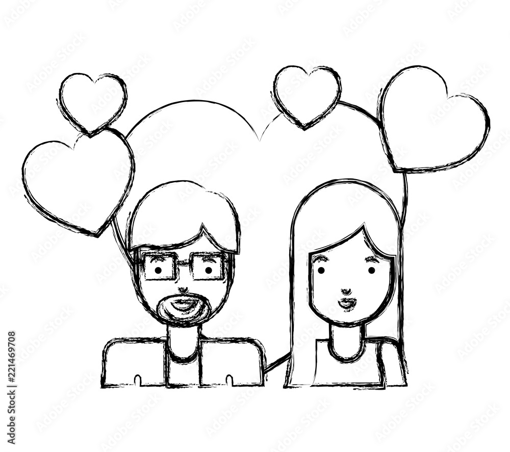 young couple with hearts love characters young couple with hearts love characters