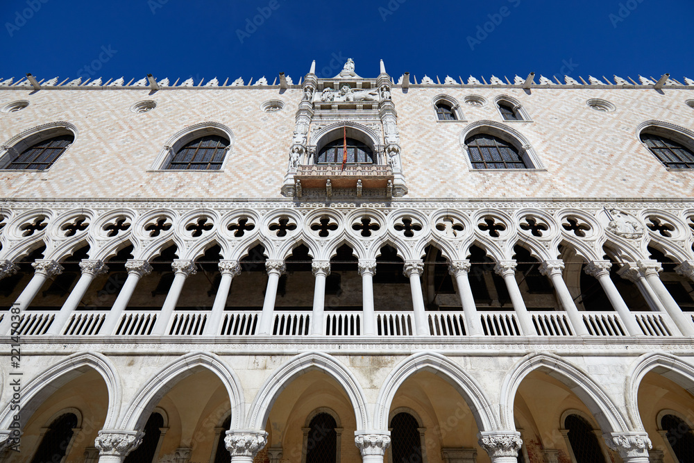 Doge Palace building facade in Venice, low angle view in a sunny summer day in Italy