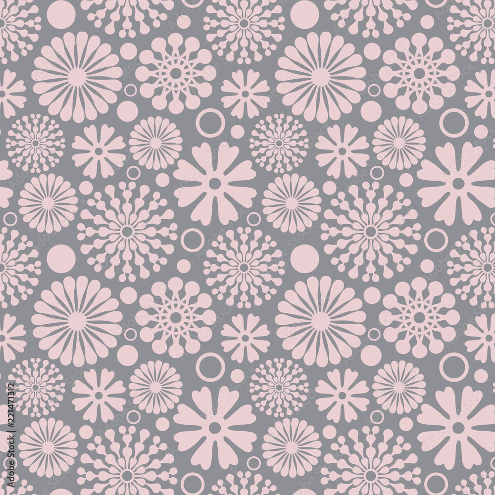 Seamless pink abstract flower vector pattern on grey background, perfect for wallpaper, scrapbooking, textile design and homeware Seamless pink abstract flower vector pattern on grey background, perfect for wallpaper, scrapbooking, textile design and homeware
