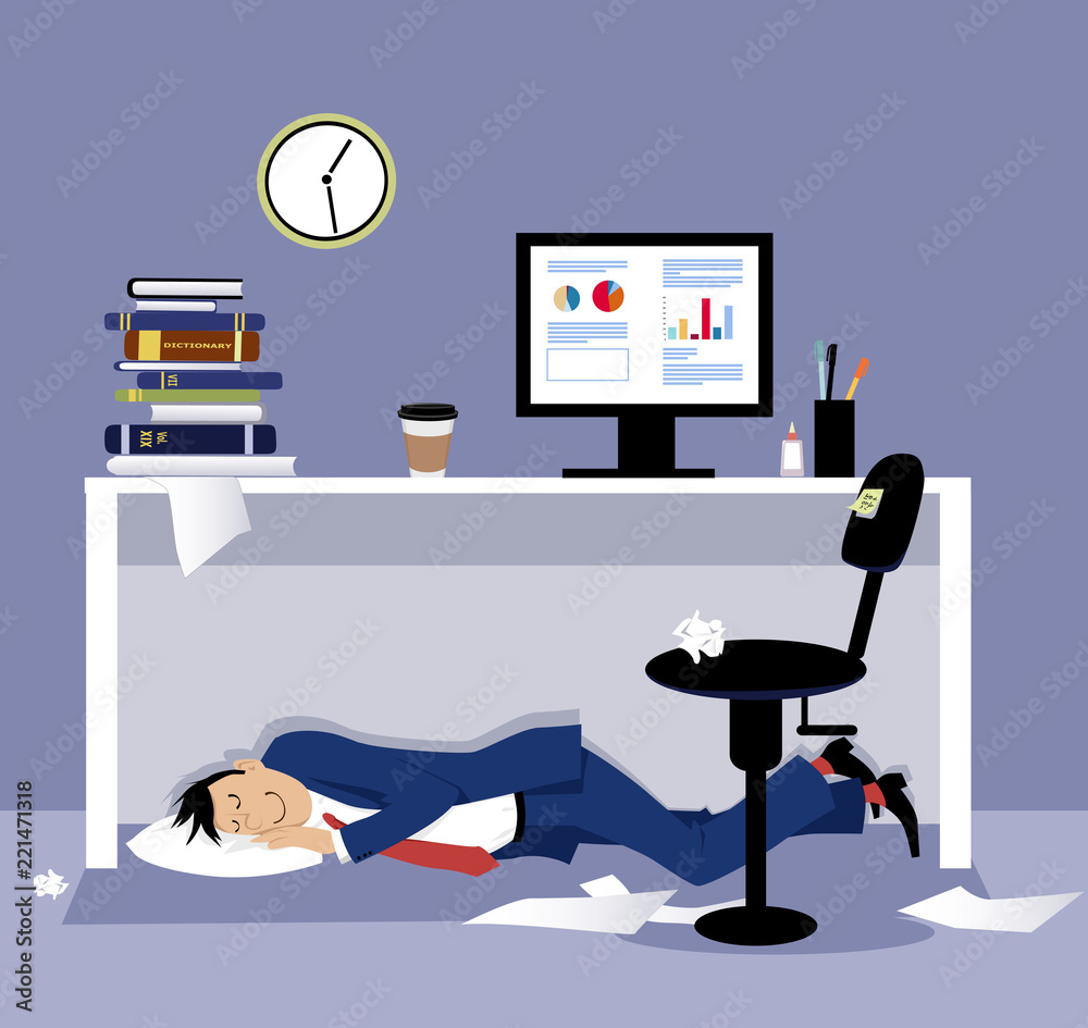 Man sleeping under his desk in the office during working hours, EPS 8