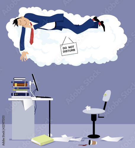 Man sleeping on a cloud with do not disturb sign over his office desk, EPS 8 vector illustration