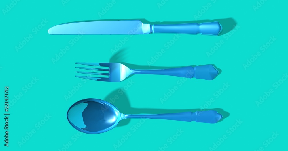 Blue glass fork, knife and spoon. Glass blue cutlery set. Turquoise green background. top view. 3D illustration Blue glass fork, knife and spoon. Glass blue cutlery set. Turquoise green background. top view. 3D illustration