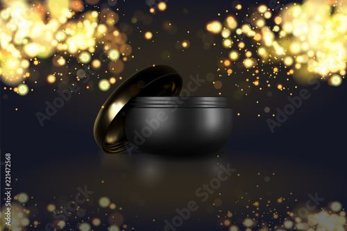 Beautiful cosmetic templates for ads, realistic 3d black matte cosmetic jar for skin care cream. Makeup magazine template with hair care products. Brand illustration on golden sparkle glitter lights.