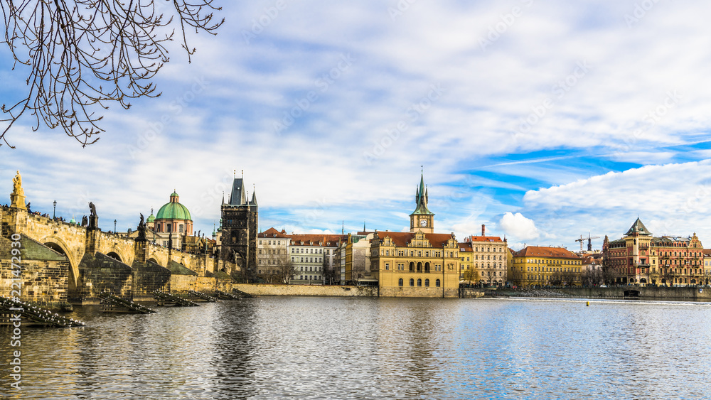 Blue morning sky over old Prague