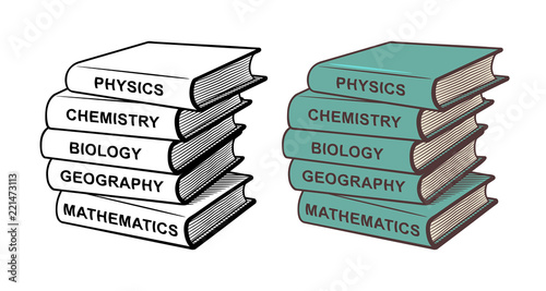 Pile of textbooks. Physics, chemistry, biology, geography and mathematics. Stylized vector illustration, outline and colored