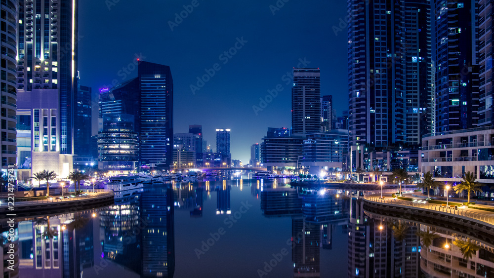 Night scene in the Marina Dubai. Blue color cast.
