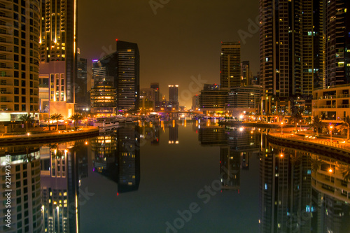 Night scene in the Marina Dubai. Orange color cast.