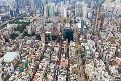 Photography Drone fly over Hong Kong city