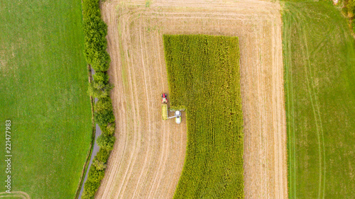 Maisernte auf Feld mit Traktor von oben