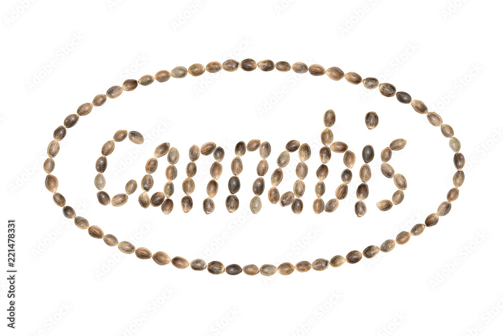 The word Cannabis with ellipse frame written using hemp seeds and isolated on white background The word Cannabis with ellipse frame written using hemp seeds and isolated on white background
